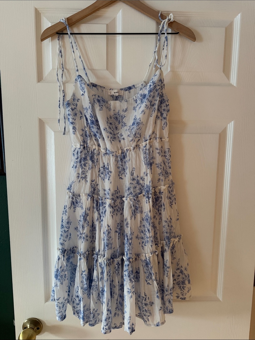 mine White and Blue Floral Tiered Mini Dress